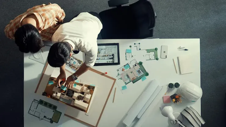 Top down view of business man and colleague design house together alimentation Top down view of business man and colleague design house together alimentation